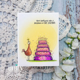 Card with the chicken and a bright layered cake over a golden glow and 'Your birthday cake is becoming a FIRE HAZARD.'