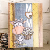 Rustic cow “MOM” card with flowers and layered textures.