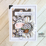 Card with the calf and daisy basket over brown daisy papers and 'Happy Mudder's Day.'
