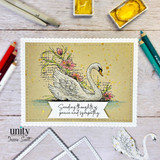 Swan sympathy card with gold-speckled background and “peace and sympathy” sentiment.