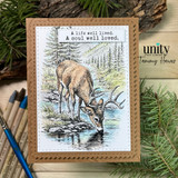 Deer sympathy card with forest stream scene and 'A life well lived. A soul well loved.' sentiment