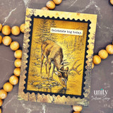 Golden-toned deer card with forest scene and “Celebrate big today” sentiment.