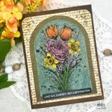 Floral bouquet card with teal arched frame and “Love is a journey, not a destination” sentiment.