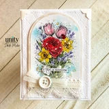 Floral bouquet card with arched frame, lace ribbon detail, and “Hope is blooming” sentiment.