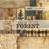 Found in the Forest 6x6 paper pack — rustic woodland papers with deer, pine trees, plaid and aged script in brown, tan and green, labeled 'Found in the Forest.'