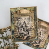 Handmade card using the Found in the Forest papers — deer in a mossy woodland scene over rustic outdoor patterns.