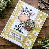 Card using Daisy Daydreams paper with a cow holding a daisy bouquet and 'sending a little moo-d lift'