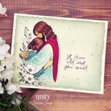 Handmade card featuring a comforting illustration of Jesus embracing a woman surrounded by soft florals, with a vintage-style background and the sentiment “Let Him hold what you cannot.”