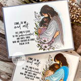 Two handmade cards featuring Jesus gently embracing a woman surrounded by soft florals, with the sentiment “Come to me and rest” and a scripture about comfort for the brokenhearted.