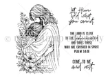 Let Him Hold You red rubber stamp set from Unity Stamp Co — a tender scene of Christ holding a person close, framed by delicate florals — shown on the black-line stamp sheet with sentiment stamps including “Let Him hold what you cannot” and “The Lord is close to the brokenhearted and saves those who are crushed in spirit — Psalm 34:18”.