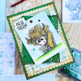 Cute Highland cow stamped card with flowers, green layered background, and “Oh Hi There!” sentiment.