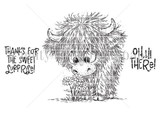 The Highland Hello red rubber stamp set from Unity Stamp Co - an adorable fluffy Highland cow calf holding a bunch of daisies, with sentiments including: Oh, hi there!; Thanks for the sweet surprise!.