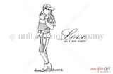 Stella Girl red rubber stamp - line art of a young mother in a ball cap holding her baby on her hip, paired with 'Love at first sight' in flowing script.