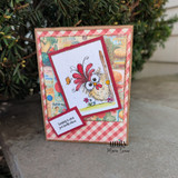 Whimsical chicken card with red gingham layers and “Sending a card just beak-cause” sentiment.