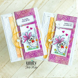 Handmade cards featuring a charming chicken stamp with pink feathers, layered on purple paisley and yellow gingham backgrounds with “Hey Chickie, You’ve got this” and “Sending a card just beak-cause” sentiments.