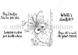 Red rubber stamp sheet showing a fluffy chick peeking past a flowered post, alongside 'Sending a card just beak-cause.' and 'Hope all is well at your roost.'