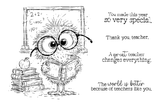 Line-art stamp of a fluffy owl in round glasses reading an open book atop a stack of books with an apple, beside a math chalkboard, with teacher sentiments "You made this year so very special.", "Thank you, teacher.", "A great teacher changes everything." and "The world is better because of teachers like you."