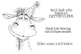 Still Kickin' red rubber stamp sheet: a funny party-hatted donkey with 'Well, look who keeps on GETTIN OLDER,' 'Good luck blowing out all those candles' and 'Older, wiser, & still kickin'.'