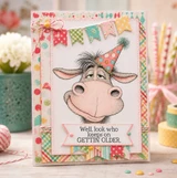 Card with the party-hat donkey over confetti papers with a banner and 'Well, look who keeps on GETTIN OLDER.'