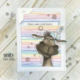 Striped card with the donkey and 'Older, wiser, & still kickin'.'
