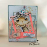 Card with the donkey in a party hat, a 'Party Time' ticket and 'Good luck blowing out all those candles.'