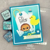 Blue baby boy card with “Oh, baby” tag and sweet baby-themed embellishments.