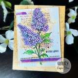 Purple lilac blooms on a warm yellow script-collage card with purple ribbon and a 'WITH LOVE' sentiment.