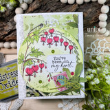 Bleeding heart floral card with pink blossoms, vintage accents, and the sentiment “You’ve been on my heart.”