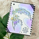 Lavender bleeding heart floral card with patchwork details and the sentiment “Your kindness touched my heart.”