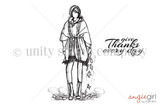 Grace Girl stamp sheet: a girl in a belted plaid blanket poncho with fringe, skinny pants and lace up boots, with falling leaves and swirls at her feet, beside the script 'give Thanks every day' sentiment