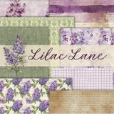 The Lilac Lane 6x6 paper pack laid out - clusters of purple lilacs, watercolor washes, sage plaid, lavender grid and aged handwriting sheets, with the Lilac Lane title in purple script across the center.