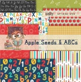 Apple Seeds & ABCs paper pack cover: school-day 6x6 sheets of cursive alphabet script, red apples, bright numbers, pencils and stripes behind the title, with a studious raccoon reading a stack of books.