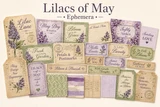 The Lilacs of May ephemera sheet - lilac blooms, aged postmarks, labels and tags in soft purple, sage and cream lettered with phrases such as May Day wishes, bloom in grace, softly spoken, sending love and petals and postmarks.