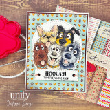 Card of the group of happy dogs in an arch on paw-print papers, 'hooray! from the whole pack.'