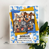 Dog-themed card with five playful pups and the sentiment, “HOORAY! FROM THE WHOLE PACK We can’t wait to see you!”