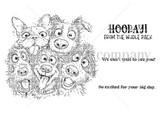 Line-art stamp of a happy cluster of dogs piled together with sentiments 'hooray! from the whole pack,' 'we can't wait to see you' and 'so excited for your big day.'