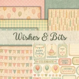 Wishes and Bits paper pack in soft retro pastels: balloons, birthday candles, gingham and dots, plus a cut apart sheet of banners, tags and party labels ready to snip and layer.