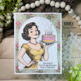 Vintage birthday card with glamorous woman, pink cake, and funny “aging better than I expected” sentiment.