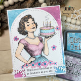 Retro-inspired birthday card with glamorous woman, pastel cake, and “as dramatic as you are” sentiment.