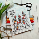 Funny handmade card with five quirky chickens and the sentiment “Checking on our favorite hen.”