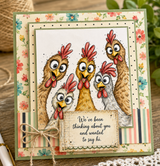 Whimsical chicken card with four playful hens and the sentiment, “With a friend like you by my side, I can wing it.”