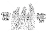 Talk of the Coop red rubber stamp set from Unity Stamp Co — a crowd of googly-eyed, wild-feathered hens looking startled — shown on the black-line stamp sheet with sentiment stamps including “You're the talk of the coop” and “Checking in on our favorite hen”.