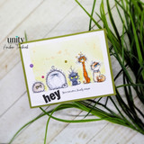 Funny cat card with five grumpy cats and “You’re stuck with us” sentiment.