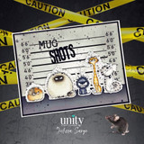 Funny cat-themed card with five grumpy cats in a mugshot lineup beneath the title “Mug Shots.”