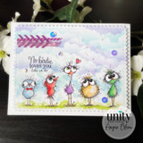 Whimsical bird card with five colorful birds, pastel clouds, and the sentiment, “No birdie loves you like we do.”
