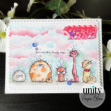 Whimsical card with five grumpy cats on a pastel cloud background and the sentiment, “You’re stuck with us. Honestly, lucky you.”
