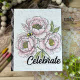 Handmade floral “Celebrate” card with blush pink flowers, embossed white background, and tiny bee accent.