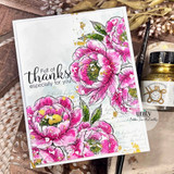 Pink floral thank you card with gold splatter accents and “Full of thanks especially for you” sentiment.