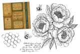 Buzzy Blooms stamp sheet: a full peony cluster with leaves, two bees, a honeycomb panel, a handwritten vintage style script block and a sheet of small collaged label sentiments.