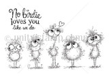 The Lovebirds & Oddballs red rubber stamp set from Unity Stamp Co - a row of quirky, wild-feathered oddball birds, with sentiments including: No birdie loves you like we do.; I miss your face.